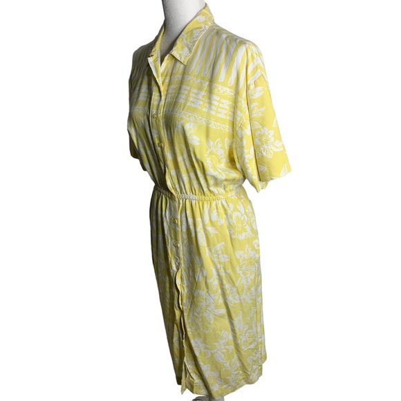 Vintage 80s Button Up Shirt Dress M Yellow Floral Short Sleeve Elastic Pockets - Picture 3 of 6
